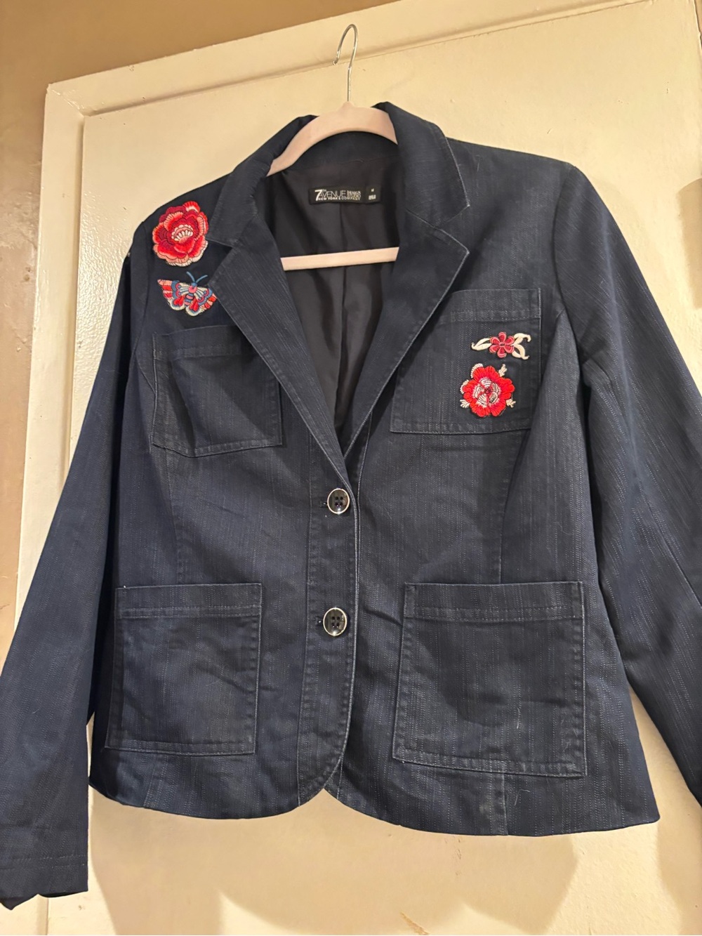 Embroidered Navy Cotton-Blend Blazer with Floral Accents